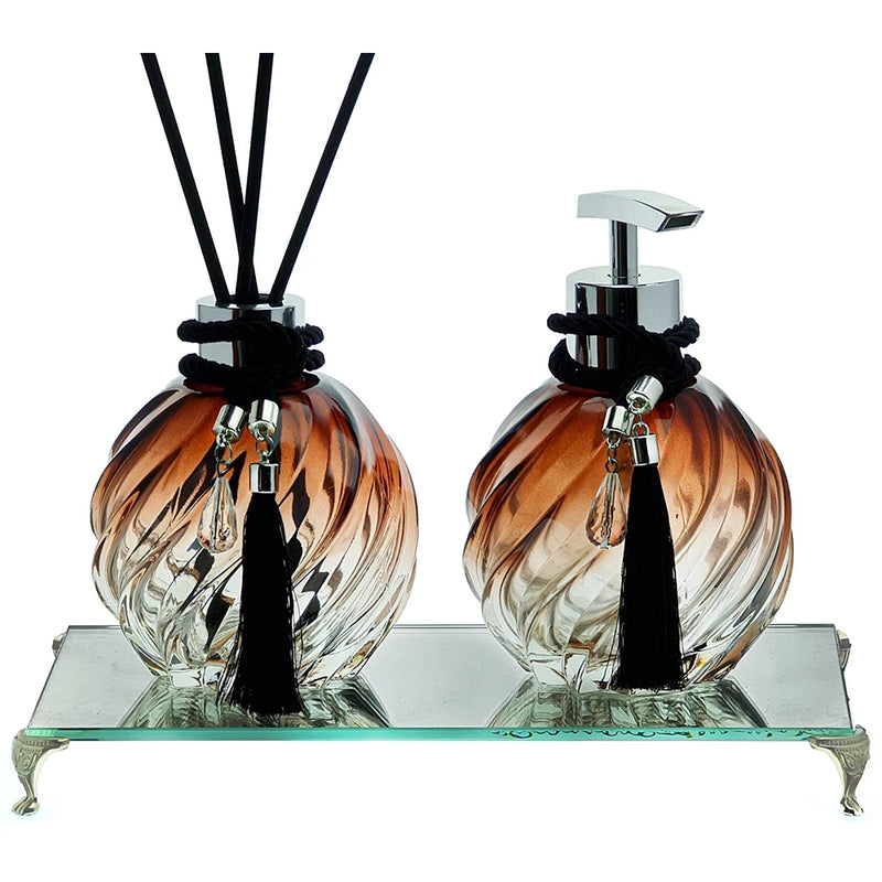 Kit Lavabo Luxo Vidro Bola Marrom Degradê Aromatizador e Saboneteira Líquida Com Bandeja Espelhada