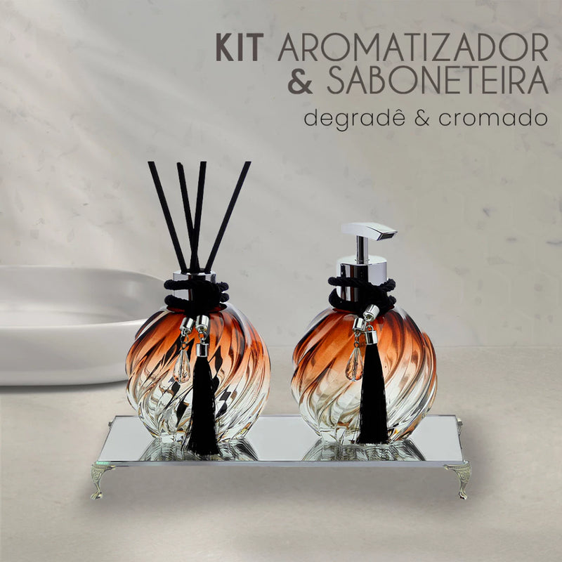 Kit Lavabo Luxo Vidro Bola Marrom Degradê Aromatizador e Saboneteira Líquida Com Bandeja Espelhada