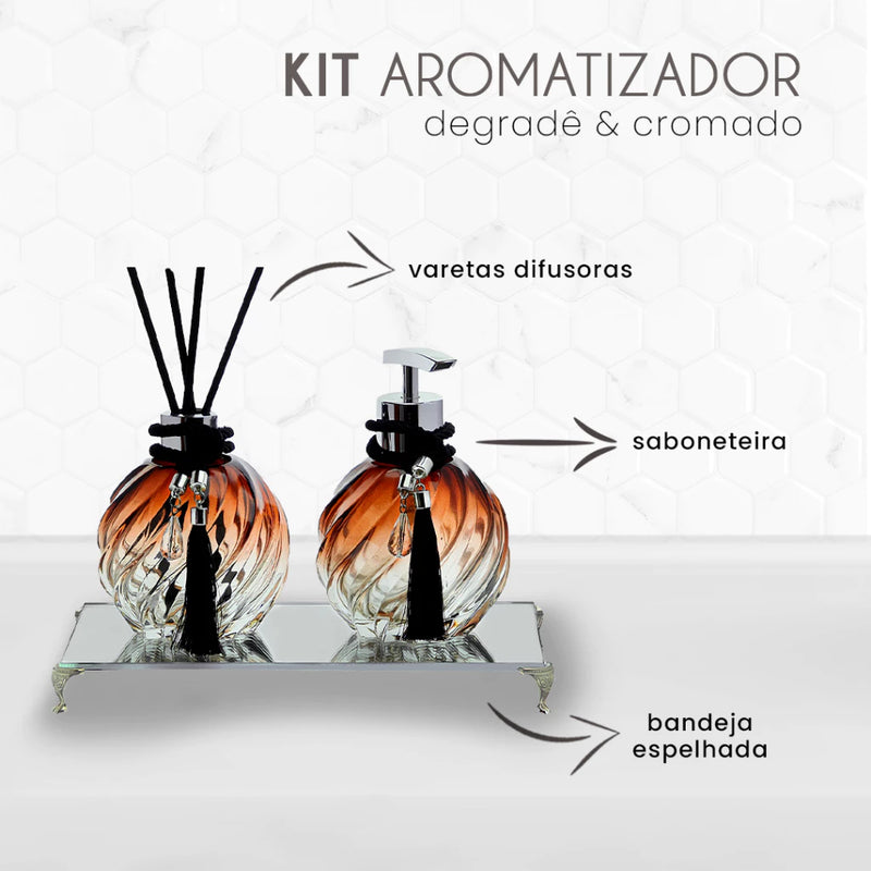 Kit Lavabo Luxo Vidro Bola Marrom Degradê Aromatizador e Saboneteira Líquida Com Bandeja Espelhada