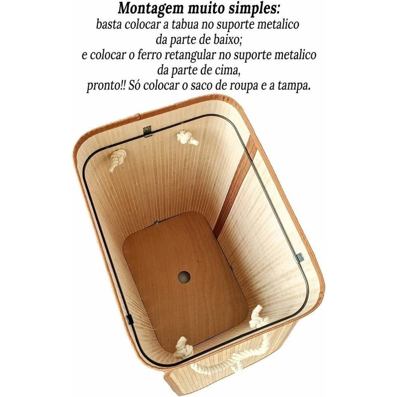 Cesto De Roupa Suja Bambu Dobravel Organizador Forrado Banheiro 60cm Grande Cesto Retangular