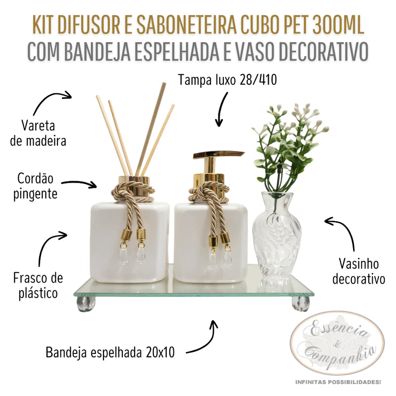 Kit Aromatizador e Saboneteira Pet Branco 300ml Com Bandeja Espelhada e Vaso Decorativo Lavabo