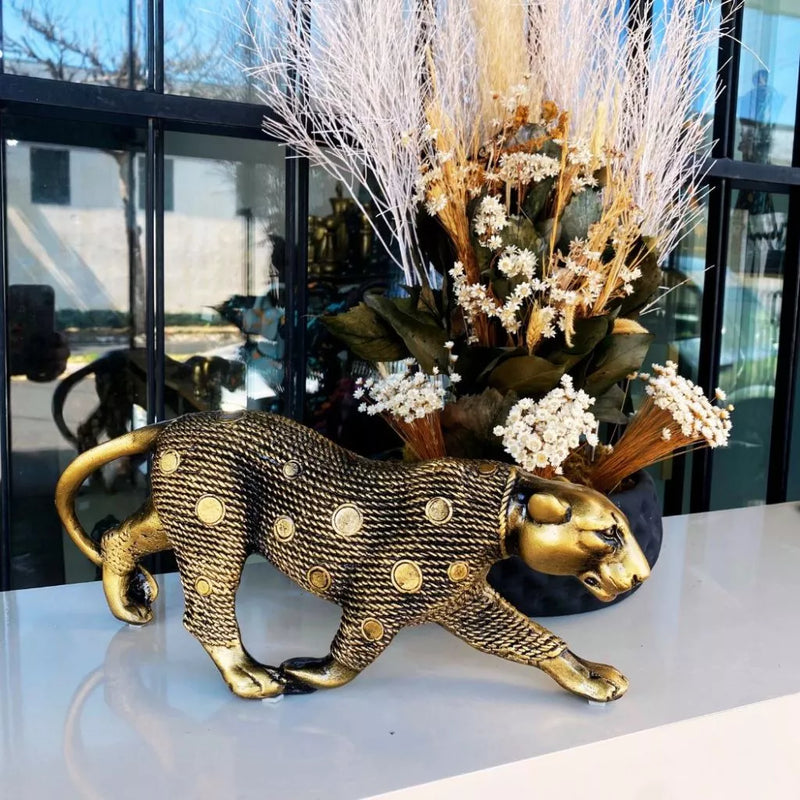 pantera estilizada grande dourado envelhecido casal leopardo decoração feito no brasil