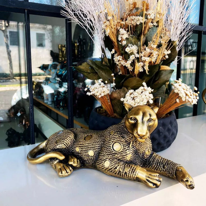 pantera estilizada grande dourado envelhecido casal leopardo decoração feito no brasil