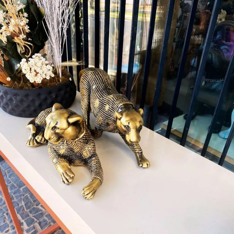 pantera estilizada grande dourado envelhecido casal leopardo decoração feito no brasil