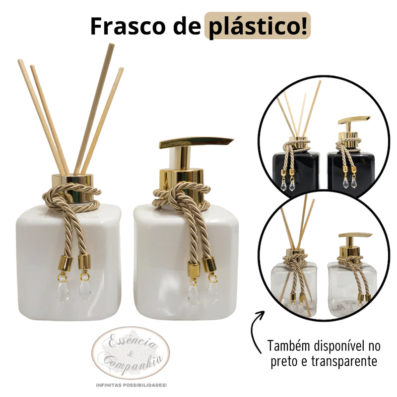 Kit Aromatizador e Saboneteira Pet Branco 300ml Com Bandeja Espelhada e Vaso Decorativo Lavabo