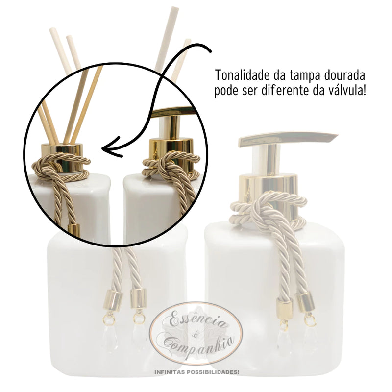 Kit Aromatizador e Saboneteira Pet Branco 300ml Com Bandeja Espelhada e Vaso Decorativo Lavabo